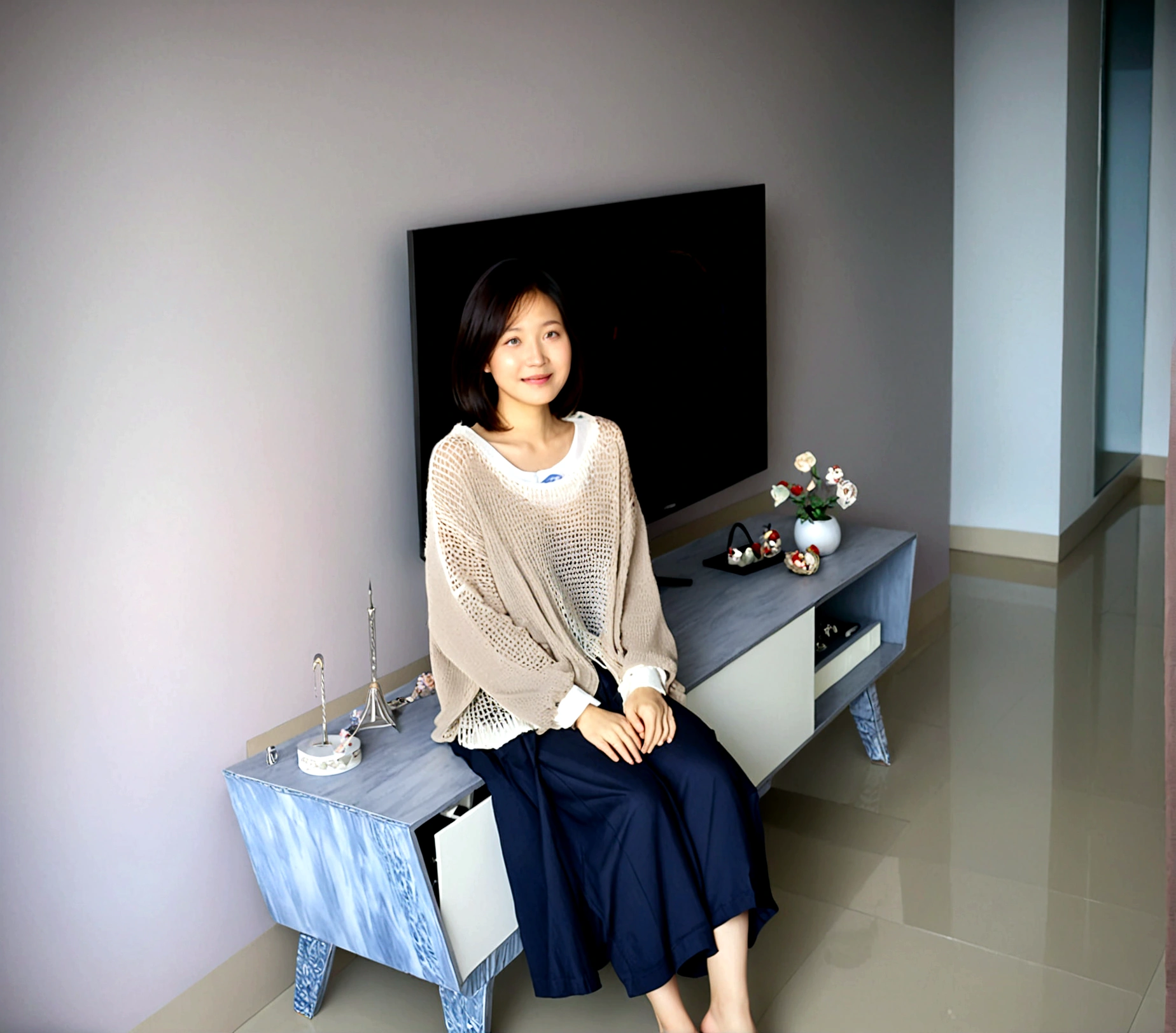 Beautiful Korean Woman , 32 inch chest size, Your eyes are big and pretty. Wearing a high-end luxury brand cardigan, casual beige pants, short medium hair, Smile, uhd
