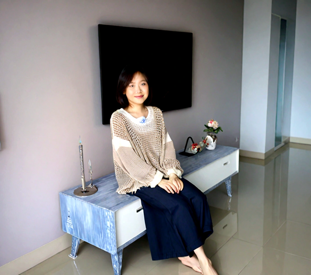 Beautiful Korean Woman , 32 inch chest size, Your eyes are big and pretty. Wearing a high-end luxury brand cardigan, casual beige pants, short medium hair, Smile, uhd