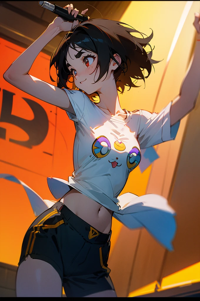 anime style,artistic, masterpiece,best quality,ssuper detailed,super fine illustration, highly detailed, dynamic angle, beautiful detailed, 8k,detailed background, On a summer afternoon, in a music studio, BREAK a female is dancing  . She is wearing a white T-shirt with a graffiti art-style cat illustration.Break very short hair,flat chest,black  hair,red-eyes,(full-face brasched:1.3),perfect hands,perfect fingers,Tsurime ,thick eyebrows,(holding microphone in right hand:1.3),headset,pov,perfect legs,cool,cat years,(LoRA:0.7),,smile face,