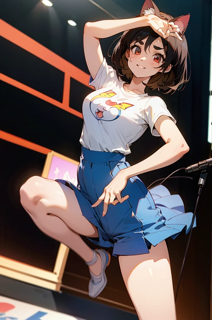 anime style,artistic, masterpiece,best quality,ssuper detailed,super fine illustration, highly detailed, dynamic angle, beautiful detailed, 8k,detailed background, On a summer afternoon, in a music studio, BREAK a female is dancing  . She is wearing a white T-shirt with a graffiti art-style cat illustration.Break very short hair,flat chest,black  hair,red-eyes,(full-face brasched:1.3),perfect hands,perfect fingers,Tsurime ,thick eyebrows,(holding microphone in right hand:1.3),headset,pov,perfect legs,cool,cat years,(LoRA:0.7),,smile face,