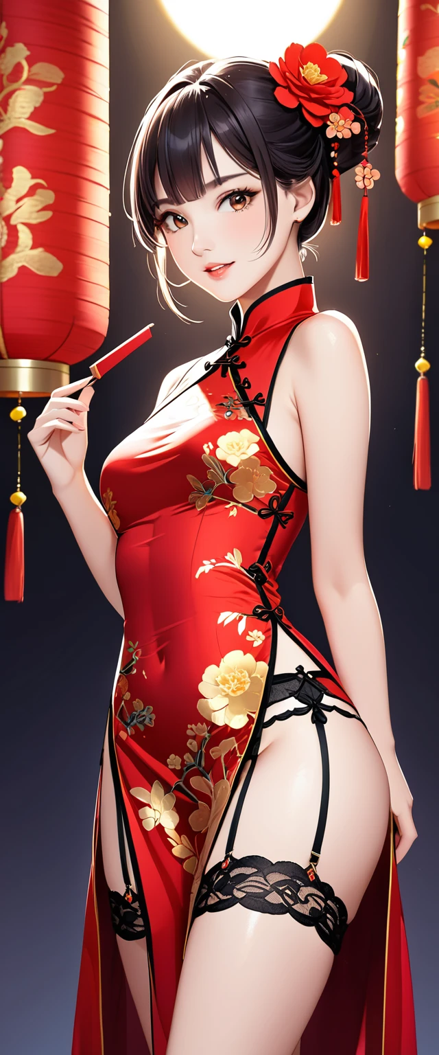 high resolution, adult woman , good lighting, despicable, , (no nudity), (((chinese dress))), (()), ((())), (garter belt), just abdomen, (), , cute face, yo'I'm embarrassed and blushed, humiliating, ((Turn around and look back)), ((transparentes))()(T-back)(a large amount is in the body,)