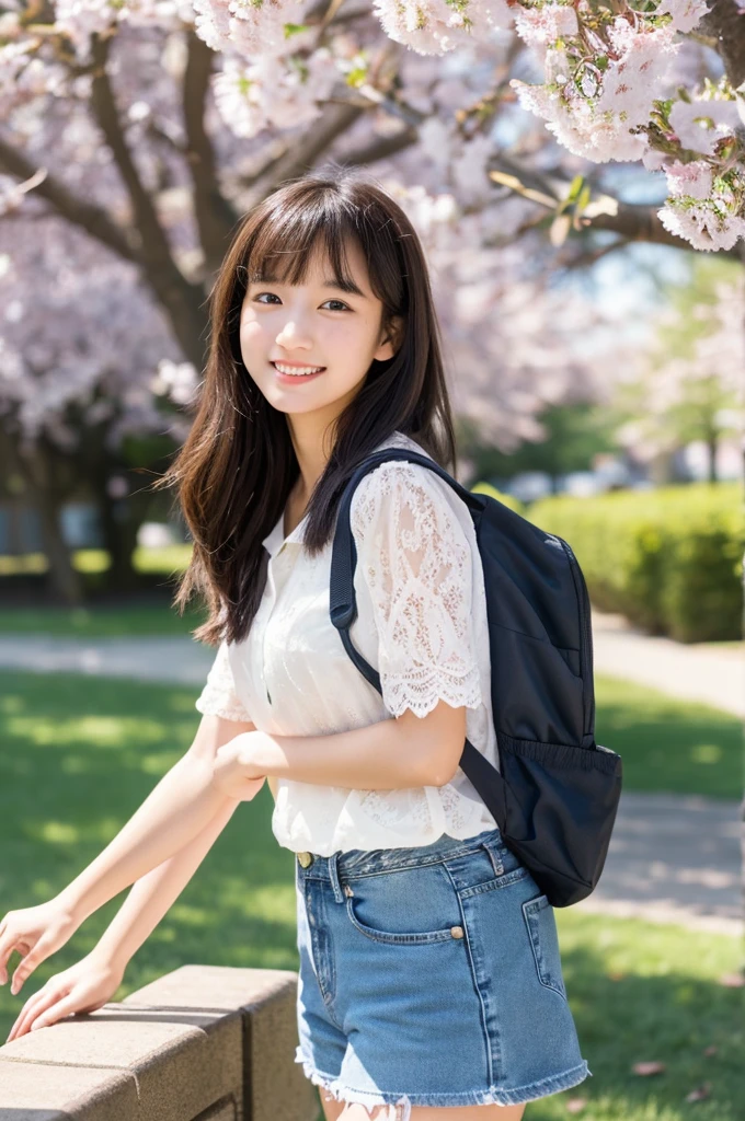 masutepiece, Best Quality, Illustration, Ultra-detailed, finely detail, hight resolution, 8K Wallpaper, Perfect dynamic composition, Beautiful detailed eyes, Natural Lip,a beauty girl、In the bright and refreshing spring sunshine、Imagine a female college student walking around campus.。.。.。She、She is wearing jeans and a white lace blouse.。the hair flutters with the wind、People around you smile々He is depicted having a conversation with.。The cherry blossoms on campus are in full bloom、Green tree on background々々々There is a bench where students can gather...。She is carrying a colorful backpack.、he has a notebook and a pencil in his hands.。Her figure is、Expressing the image of a typical female college student enjoying learning and free time., Wearing a thin white shirt with short sleeves、one shirt button is missing and there is a mole near chest and I can see it.。