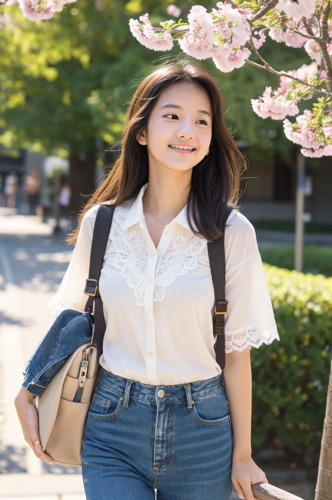 masutepiece, Best Quality, Illustration, Ultra-detailed, finely detail, hight resolution, 8K Wallpaper, Perfect dynamic composition, Beautiful detailed eyes, Natural Lip,a beauty girl、In the bright and refreshing spring sunshine、Imagine a female college student walking around campus.。.。.。She、She is wearing jeans and a white lace blouse.。the hair flutters with the wind、People around you smile々He is depicted having a conversation with.。The cherry blossoms on campus are in full bloom、Green tree on background々々々There is a bench where students can gather...。She is carrying a colorful backpack.、he has a notebook and a pencil in his hands.。Her figure is、Expressing the image of a typical female college student enjoying learning and free time., Wearing a thin white shirt with short sleeves、one shirt button is missing and there is a mole near chest and I can see it.。