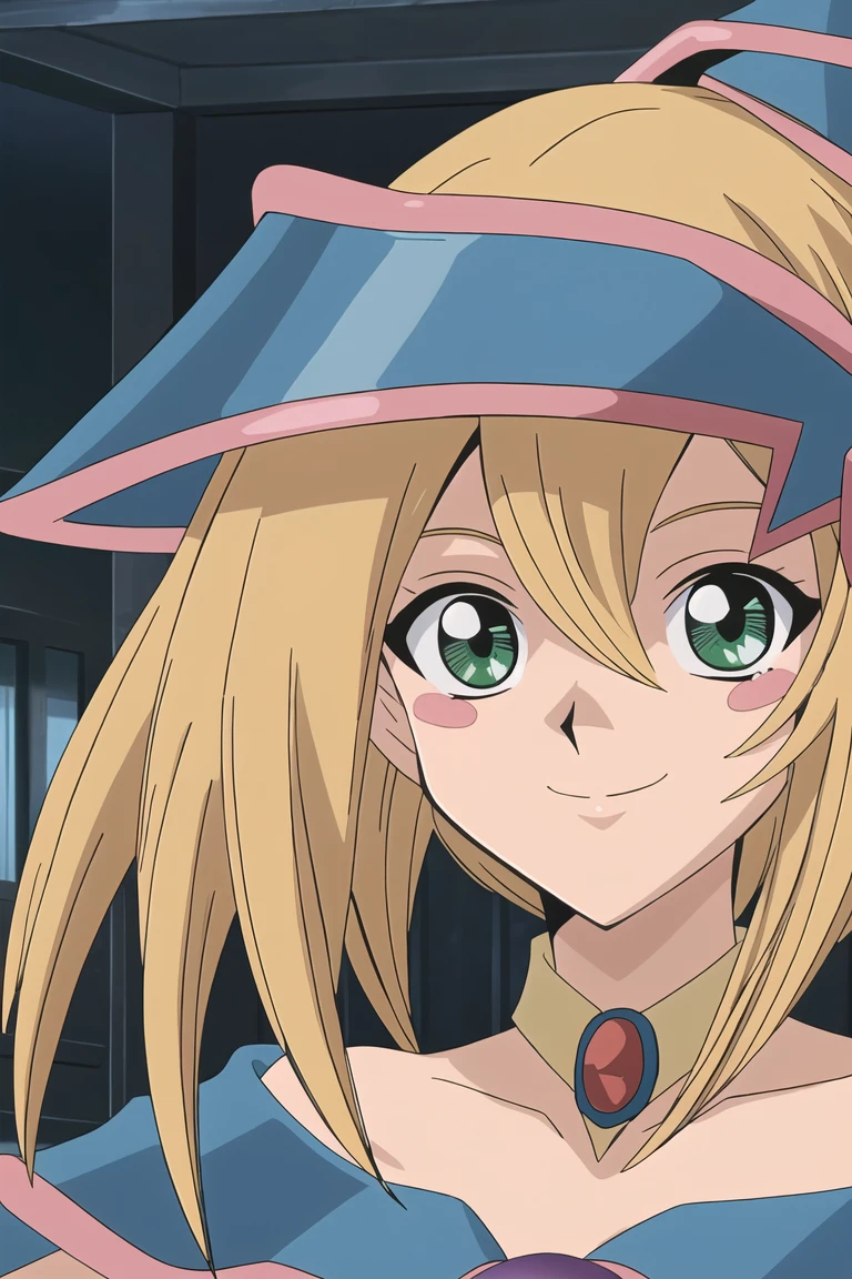 DMG, 1girl, solo, head portrait, looking at viewer, smile, off shoulder, wizard hat, perfect quality, good quality, masterpiece, HDR, UHD 