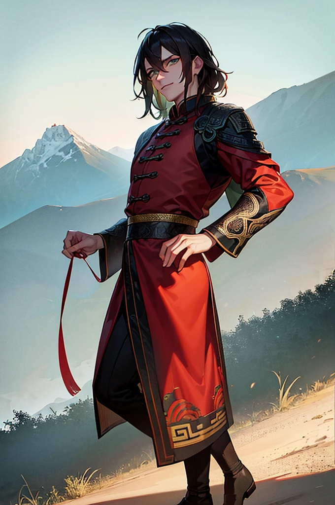 A man wearing an ancient Chinese pattern robe , Handsome like a villain,green eyes,Dark theme , strong , ,Chinese martial arts theme , Behind is a mountain. , The scenery is more important than the characters.