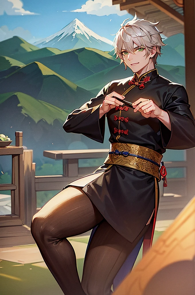 A man wearing an ancient Chinese pattern robe , Handsome like a villain,green eyes,Dark theme , strong , ,Chinese martial arts theme , Behind is a mountain. , The scenery is more important than the characters.