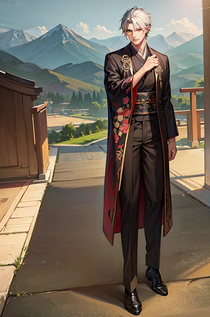 A man wearing an ancient Chinese pattern robe , Handsome like a villain,green eyes,Dark theme , strong , ,Chinese martial arts theme , Behind is a mountain. , The scenery is more important than the characters.