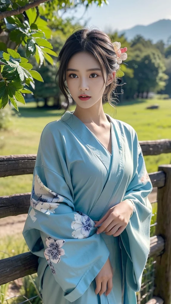 ((Top quality, 8K, masterpiece: 1.3)), Clear focus: 1.2, (Super beautiful face: 1.0), (Glowing skin: 1.0), Realistic photos, Black Hair, Realistic students, light, Highly detailed eyes and face, light,  (Cowboy shooting: 1.0),  (kimono, besides, Heart: 1.15),　(Korean cute actress), In nature, classic kimono,