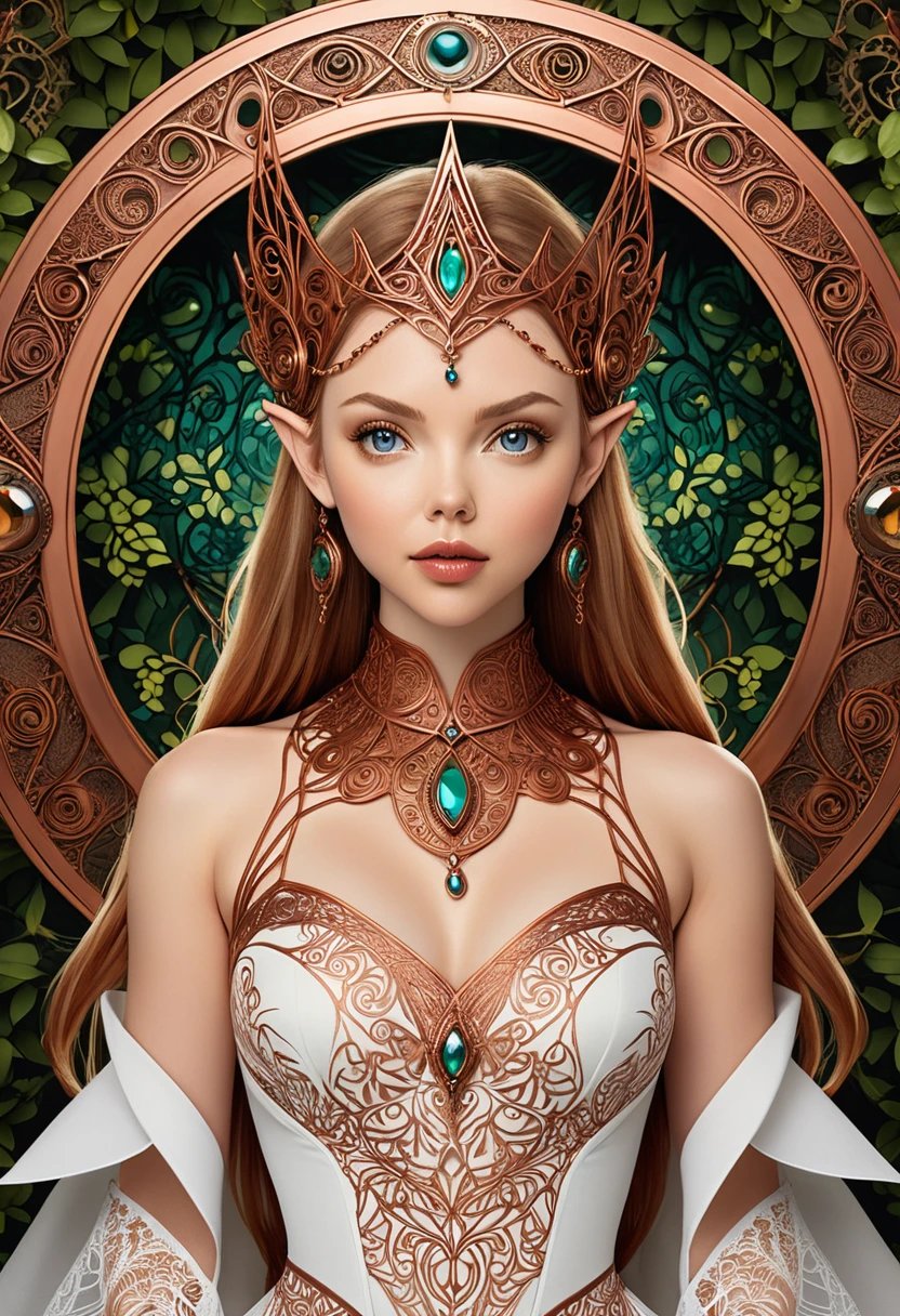 Steampunk dwarven princess. copper wire necklaces and bangles. Crown of fine copper wire. copper coloured tatoos cover her face and body intricate and beautiful designs. LArge pointed ears that end in curlicues. Hands on hips. Ember colored eyes adorned with intricate copper wireing. a Pure white dress, hemmed with copper, covered in copper lace and filligree. cppper designs cover the skirt in a kaleidoscope of intricate copper designs. Background is and elven castle at one with a verdant forrest. Her visage is a mesmerizing blend of Alison-Brie, Scarlett-Johansson, and Dove-Cameron, creating a unique, symmetrical face that exudes elegance and grace. Copper colored face tattoos. Copper colored arm, and chest tatoos.
