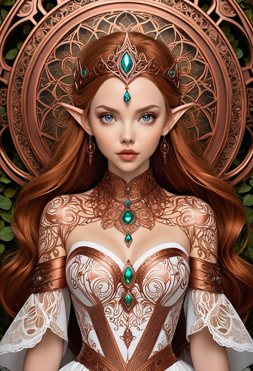 Steampunk dwarven princess. copper wire necklaces and bangles. Crown of fine copper wire. copper coloured tatoos cover her face and body intricate and beautiful designs. LArge pointed ears that end in curlicues. Hands on hips. Ember colored eyes adorned with intricate copper wireing. a Pure white dress, hemmed with copper, covered in copper lace and filligree. cppper designs cover the skirt in a kaleidoscope of intricate copper designs. Background is and elven castle at one with a verdant forrest. Her visage is a mesmerizing blend of Alison-Brie, Scarlett-Johansson, and Dove-Cameron, creating a unique, symmetrical face that exudes elegance and grace. Copper colored face tattoos. Copper colored arm, and chest tatoos.