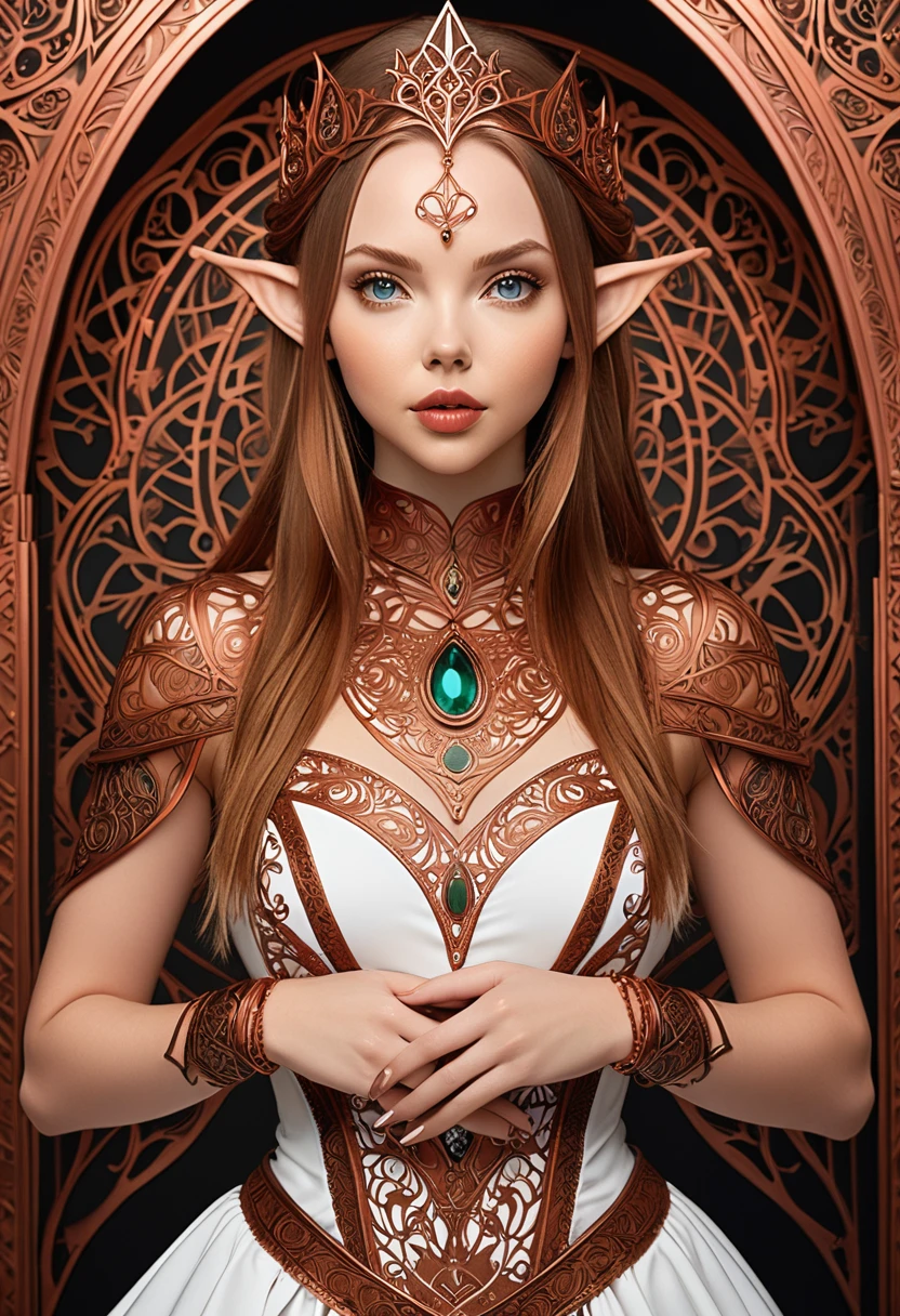 Steampunk dwarven princess. copper wire necklaces and bangles. Crown of fine copper wire. copper coloured tatoos cover her face and body intricate and beautiful designs. LArge pointed ears that end in curlicues. Hands on hips. Ember colored eyes adorned with intricate copper wireing. a Pure white dress, hemmed with copper, covered in copper lace and filligree. cppper designs cover the skirt in a kaleidoscope of intricate copper designs. Background is and elven castle at one with a verdant forrest. Her visage is a mesmerizing blend of Alison-Brie, Scarlett-Johansson, and Dove-Cameron, creating a unique, symmetrical face that exudes elegance and grace. Copper colored face tattoos. Copper colored arm, and chest tatoos.