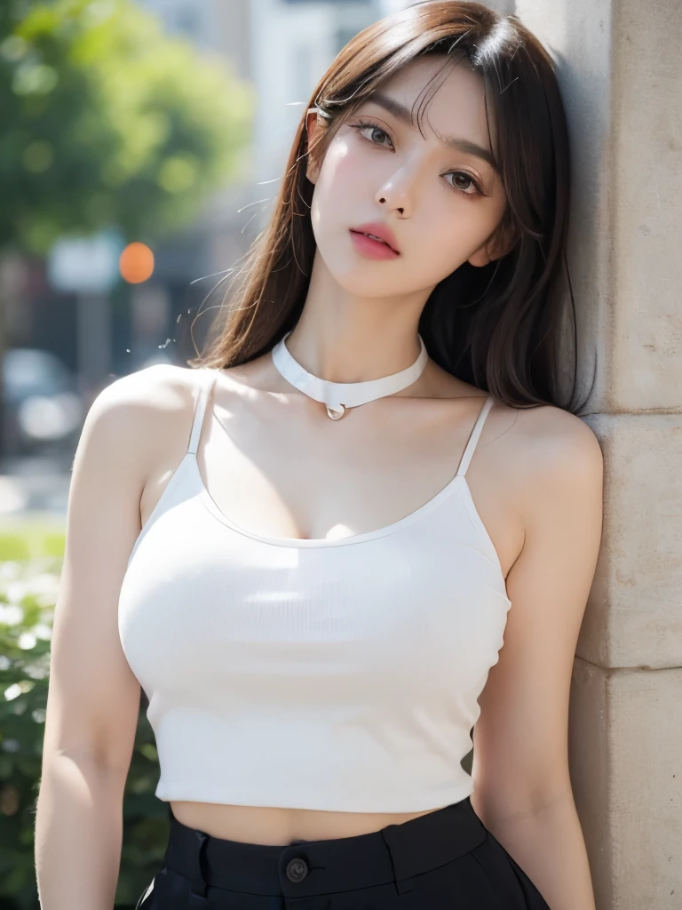 Kim Jennie with white brown hair, with rulos en los extremos, with dos lazos a cada lado del cabello, all her white hair brown, with un clip de estrella en su cabello castaño blanco, light colored eyes, Beautiful eyes, crying eyes, Beautiful, splash nose, watery nose, Beautifuls labios, pink lips, heart and cupid shaped lip, Beautiful skin, pale, White skin, with lunares y pecas por toda la cara, soft pink blush on cheeks, natural pink blush, soft pink makeup, Jennie, Nice neck, marked collar, frown, tender look, with un collar de beso, a Beautiful kiss necklace, similar a Yumeko Jabami, while using a pole, raised the top, while the pole corto, mientras está with un short, wears a short polo shirt, with, some shorts, sexy shorts, while having a bare abdomen, Delgado, marked and Beautiful, (big breasts, soft breasts, Beautifuls pechos), while she cosplays the character Yumeko Jabami, The anime Kakegurui., looking to the camera
