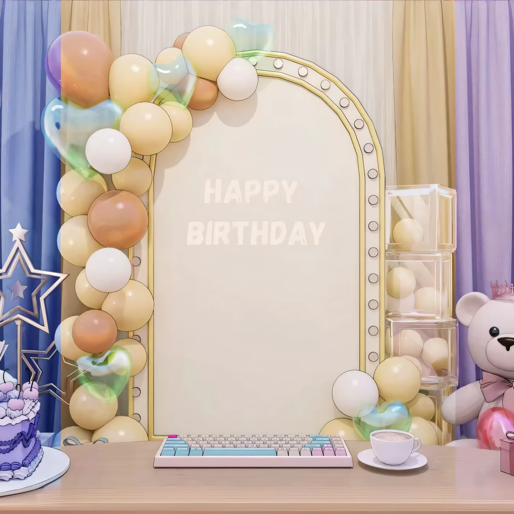 there is a Birthday cake and balloons on a table, happy Birthday, 🤬 🤮 💕 🎀, 3D amazing details, Birthday, Birthday , 🐿🍸🍋, realistic 3 d style, Pastel colorful 3D, High-quality rendering, Shiny and happy atmosphere, Kawaii HD Rendering, High decoration, 🕹️ 😎 🔫 🤖 🚬, Bear
