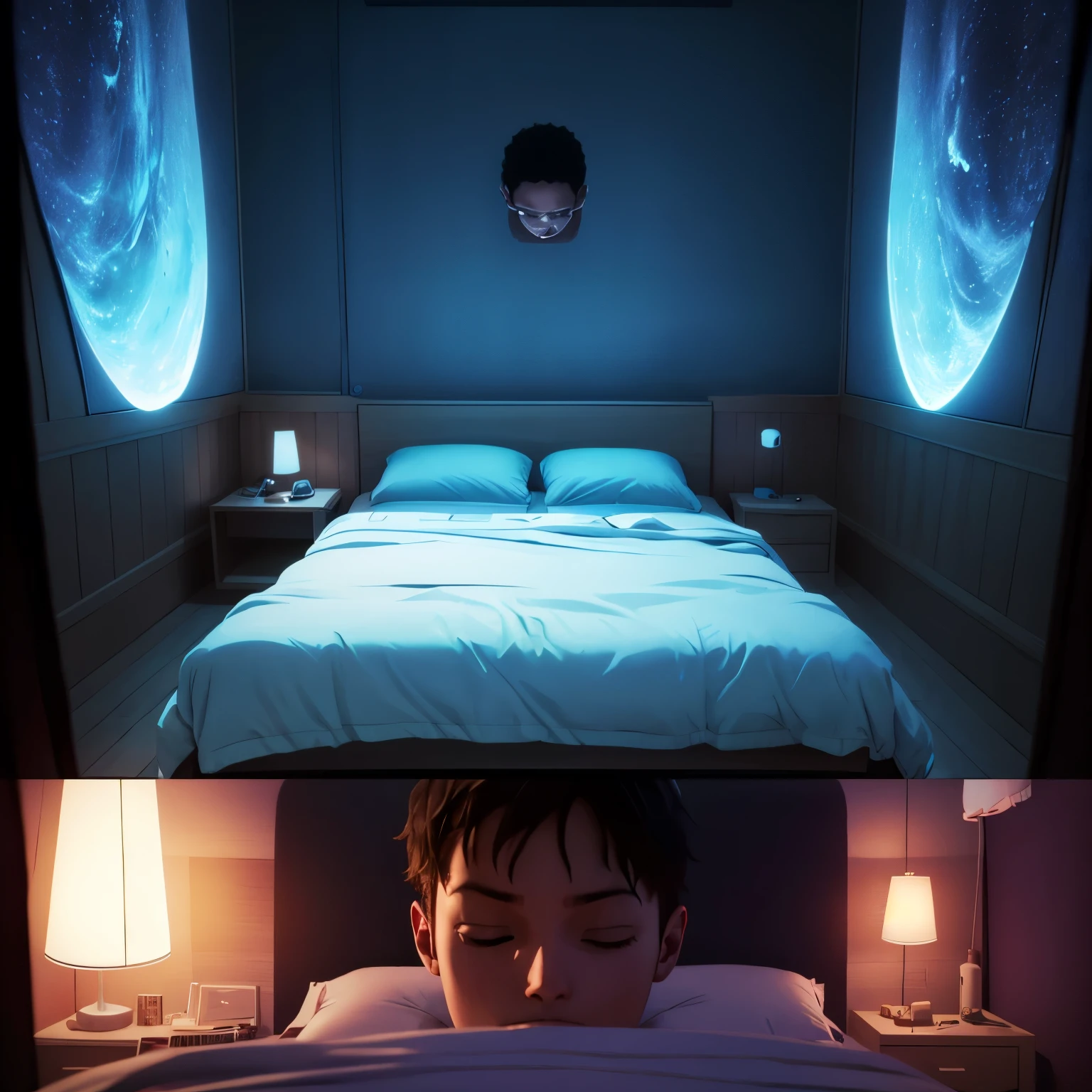 boy lying in bed having a nightmare in the dark room divides the image and there is the same boy in the light room having a good dream with a girl in it