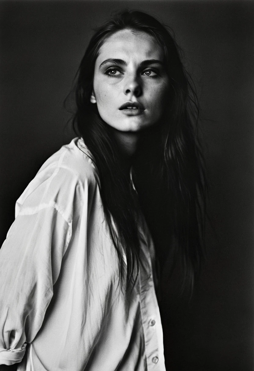 (dark mood masterpiece Photography by Mario Giacomelli:1.2), evil slavic woman, pale skin, long dark blond hair, Stunning b&w 35mm full body photo of a beautiful, perfecteyes, dark circles under eyes, highly detailed skin, (lightest freckles:0.9), standing in a casual pose with her hands on her nipples. wearing (wide-open:1.34) white_silk_shirt. unbuttoned shirt. (nipslip:1.4). a loose-fitting oversized men's unbuttoned shirt, open white business shirt. intricate poses by ruth bernhard. (Photography and style by ruth bernhard). 35mm, Hasselblad. capturing fashion-forward visuals, creating visual impact,evoking emotion,pushing creative boundaries. golden hour, shot from the side, playful pose, god rays,artistic photoshoot