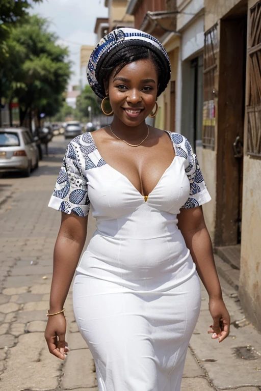 Create an image of a 23-year-old African woman, exuding happiness, dressed in a beautiful white ankara, she should be very thick and realistic , with a perfect face and smile. She should be walking down a street with the confidence and grace of a fashionista. The scene should be simple and capture her African heritage, reflecting her Kenyan background.