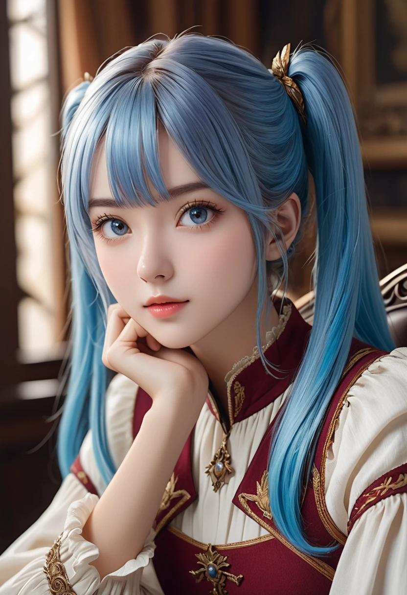 1 Girl, (twintails), Brown hair, sit, Chair, boring, Chin on hand, Beautiful and detailed eyes and face,masterpiece, best quality,close up,Upper body,8K,best quality, masterpiece, Ultra-high resolution, (Reality:1.4), RAW photos, (Real skin texture:1.3), (Film Grain:1.3), (Selfie Angle),Hair Color and Style: The character should have bright blue hair styled in a graceful and appealing manner, reminiscent of Rimuru Tempest's iconic look. Focus on the length and flow of the hair as a prominent feature. Facial Features: Make the nose slender and the eyes large. The eyes should be bright and shining, highlighting the character's charm and personality. Clothing and Accessories: Dress the character in a fantastical outfit with accessories that suggest they are an adventurer or leader. The attire should reflect a sense of fantasy and adventure. Pose and Expression: The character should have a confident expression and strike a pose that conveys a sense of adventure and determination. Capture the character's personality through their stance and expression. Background: Use a simple background that allows the character to stand out. Optionally, you can create a background that evokes a fantasy world setting, but ensure the character remains the focal point.