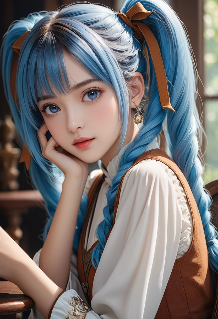 1 Girl, (twintails), Brown hair, sit, Chair, boring, Chin on hand, Beautiful and detailed eyes and face,masterpiece, best quality,close up,Upper body,8K,best quality, masterpiece, Ultra-high resolution, (Reality:1.4), RAW photos, (Real skin texture:1.3), (Film Grain:1.3), (Selfie Angle),Hair Color and Style: The character should have bright blue hair styled in a graceful and appealing manner, reminiscent of Rimuru Tempest's iconic look. Focus on the length and flow of the hair as a prominent feature. Facial Features: Make the nose slender and the eyes large. The eyes should be bright and shining, highlighting the character's charm and personality. Clothing and Accessories: Dress the character in a fantastical outfit with accessories that suggest they are an adventurer or leader. The attire should reflect a sense of fantasy and adventure. Pose and Expression: The character should have a confident expression and strike a pose that conveys a sense of adventure and determination. Capture the character's personality through their stance and expression. Background: Use a simple background that allows the character to stand out. Optionally, you can create a background that evokes a fantasy world setting, but ensure the character remains the focal point.