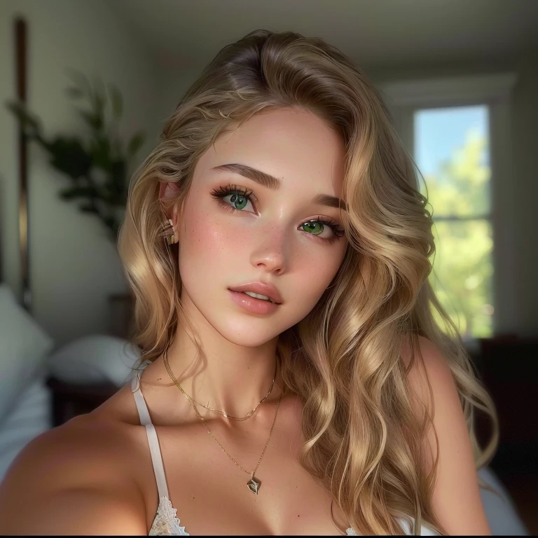 arafed woman with long hair and a white bra top, no makeup wavy hair, instagram model, portrait sophie mudd, alana fletcher, gorgeous attractive face, without makeup, sexy girl with green eyes, ellie victoria gale, wavy shoulder-length hair, extremely beautiful face, brunette with dyed blonde hair, taken in the early 2020s, gorgeous woman