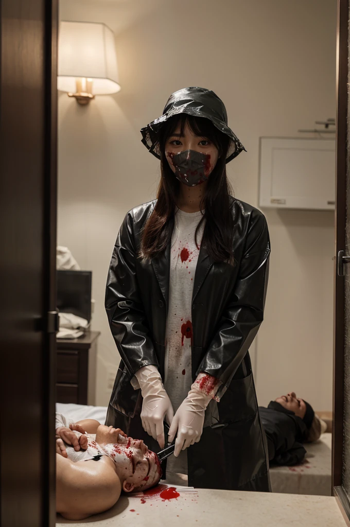 korean girl, (behind , surgical mask), (blood splatter:1.2), holding knife, stabbing, gloves, room full osparent raincoat, leather bucket hat, holding knife, gloves, behind corpse, very long hight, mass murderer, robbery, in the,