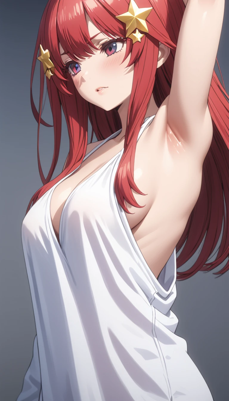 (Highest quality、Masterpiece、Very detailed、4K)、One Woman、、Red Hair、Long Hair、(((Nakano May)))、Star-shaped hair fastening、chest、arm、Beautiful armpits