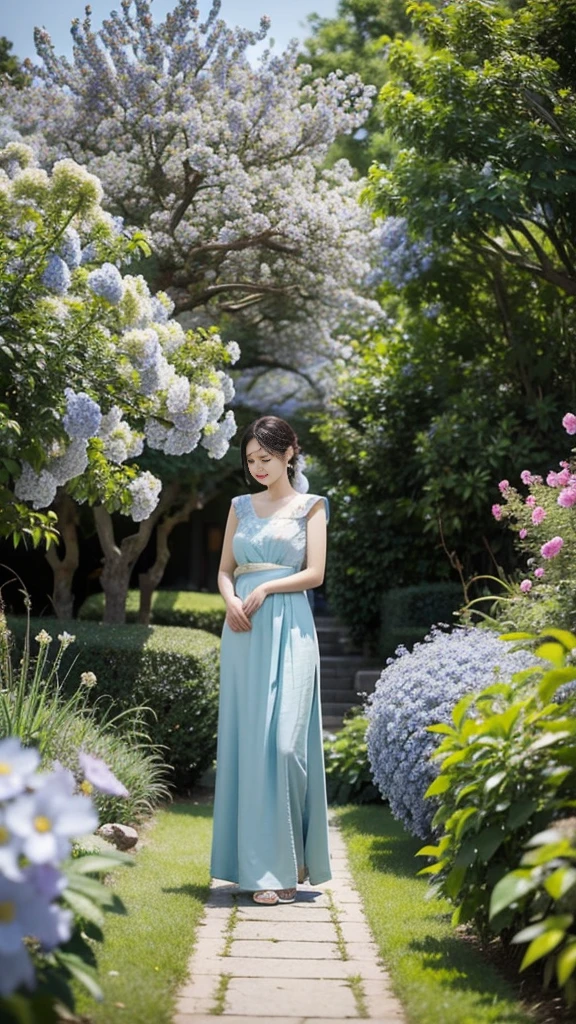 In the fragrant garden, Blind woman standing there,Open your arms, Gently touch the petals she encounters, Connect with nature and sweet blue flowers.