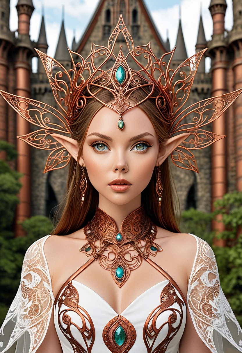 Steampunk inspired elven princess. copper wire necklaces and bangles. Crown of fine copper wire. copper coloured tatoos cover her face and body intricate and beautiful designs. LArge pointed ears that end in curlicues. Hands on hips. Ember colored eyes adorned with intricate copper wireing. a Pure white dress, hemmed with copper, covered in copper lace and filligree. cppper designs cover the skirt in a kaleidoscope of intricate copper designs. Background is and elven castle at one with a verdant forrest. Her visage is a mesmerizing blend of Alison-Brie, Scarlett-Johansson, and Laura Vandervoort, creating a unique, symmetrical face that exudes elegance and grace. Copper colores face tattoos. Copper colored are, and chest tatoos.
