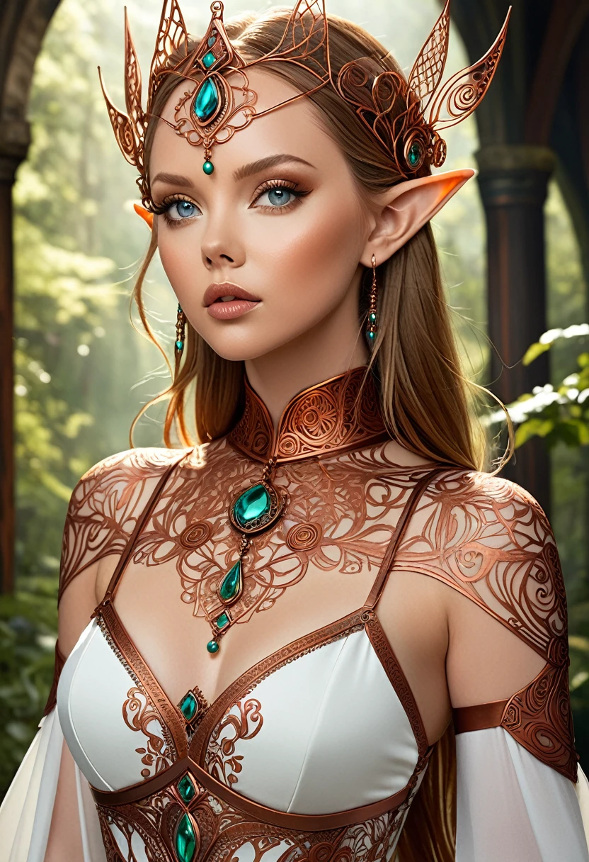 Steampunk inspired elven princess. copper wire necklaces and bangles. Crown of fine copper wire. copper coloured tatoos cover her face and body intricate and beautiful designs. LArge pointed ears that end in curlicues. Hands on hips. Ember colored eyes adorned with intricate copper wireing. a Pure white dress, hemmed with copper, covered in copper lace and filligree. cppper designs cover the skirt in a kaleidoscope of intricate copper designs. Background is and elven castle at one with a verdant forrest. Her visage is a mesmerizing blend of Alison-Brie, Scarlett-Johansson, and Laura Vandervoort, creating a unique, symmetrical face that exudes elegance and grace. Copper colores face tattoos. Copper colored are, and chest tatoos.