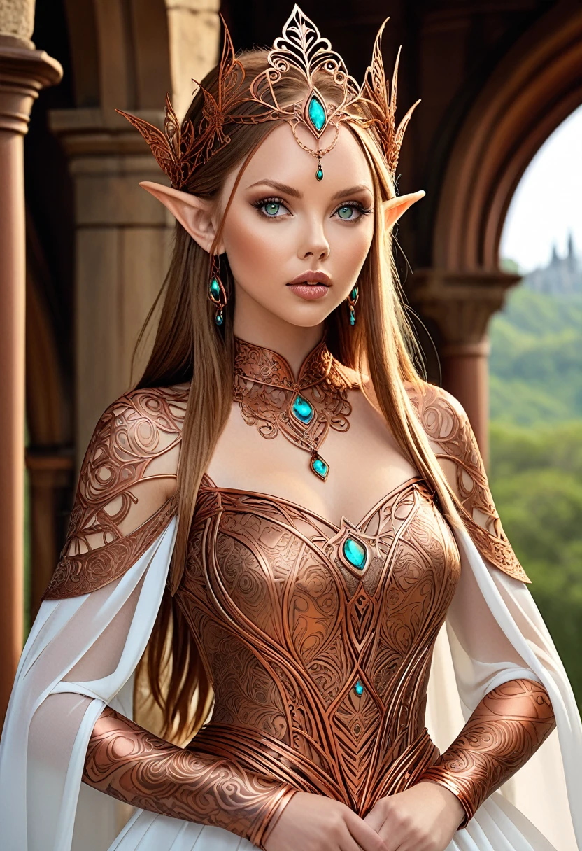 Steampunk inspired elven princess. copper wire necklaces and bangles. Crown of fine copper wire. copper coloured tatoos cover her face and body intricate and beautiful designs. LArge pointed ears that end in curlicues. Hands on hips. Ember colored eyes adorned with intricate copper wireing. a Pure white dress, hemmed with copper, covered in copper lace and filligree. cppper designs cover the skirt in a kaleidoscope of intricate copper designs. Background is and elven castle at one with a verdant forrest. Her visage is a mesmerizing blend of Alison-Brie, Scarlett-Johansson, and Laura Vandervoort, creating a unique, symmetrical face that exudes elegance and grace. Copper colores face tattoos. Copper colored are, and chest tatoos.
