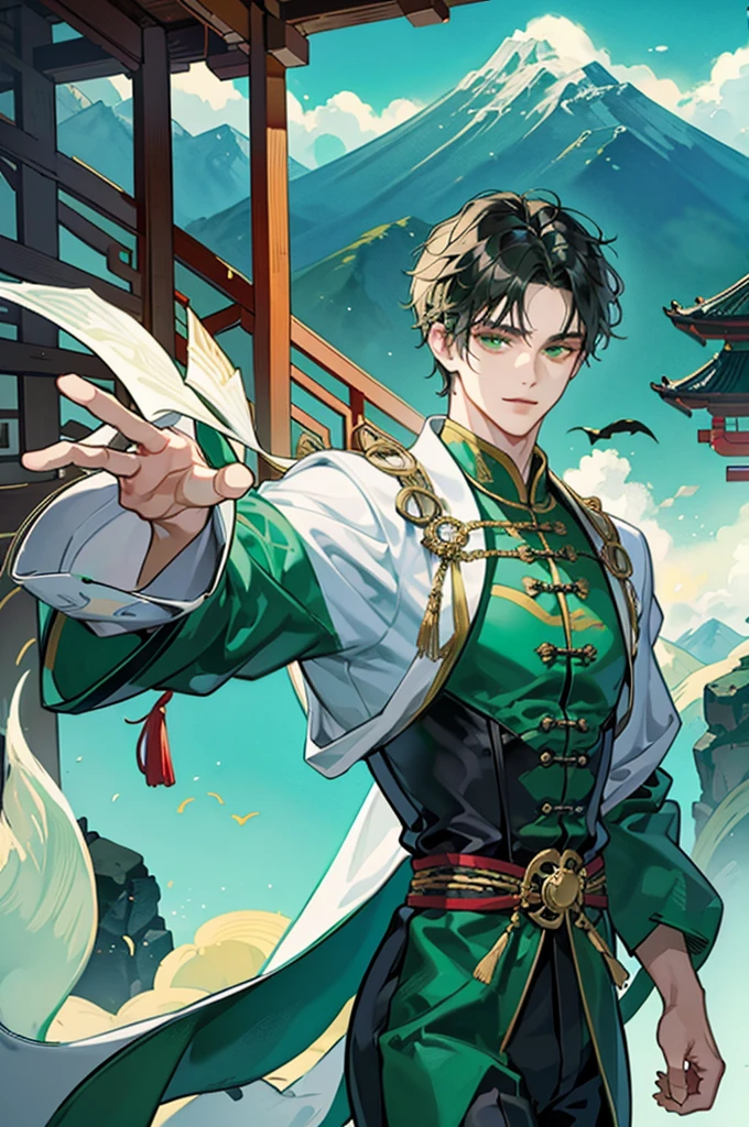 A man wearing an ancient Chinese pattern robe , Handsome like a villain,green eyes,Dark theme , strong , ,Chinese martial arts theme , Behind is a mountain. , The scenery is more important than the characters.
