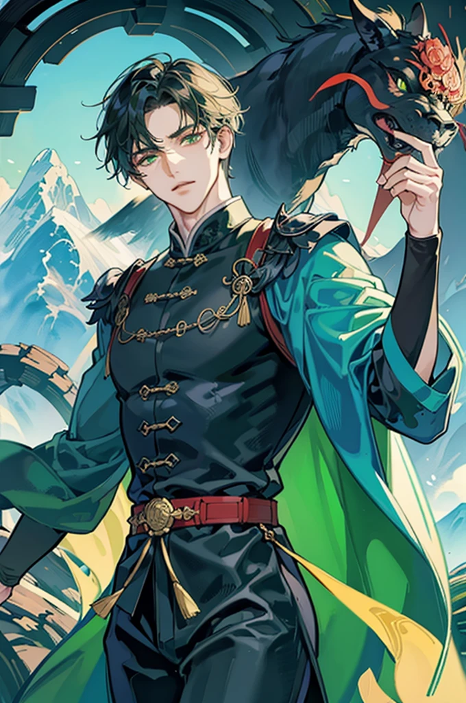 A man wearing an ancient Chinese pattern robe , Handsome like a villain,green eyes,Dark theme , strong , ,Chinese martial arts theme , Behind is a mountain. , The scenery is more important than the characters.