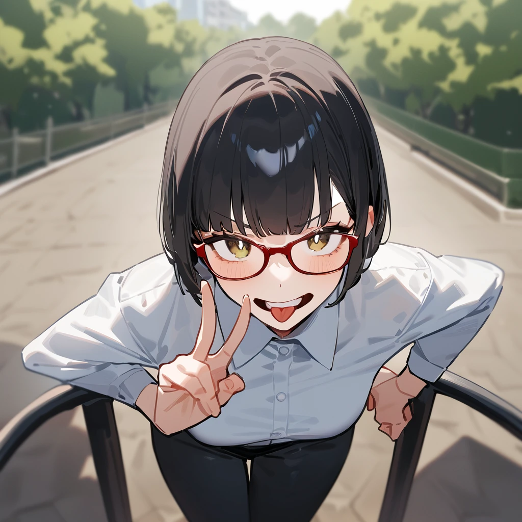masterpiece, Highest quality, so beautiful, Absurd,
One girl, alone, Black Hair, Bobcut,
Thermont 16A, Glasses,
Collared shirt, Happy, A cunning expression、angry, Sticking out tongue、View your viewers, Glassesの調整, The background is a park、whole body