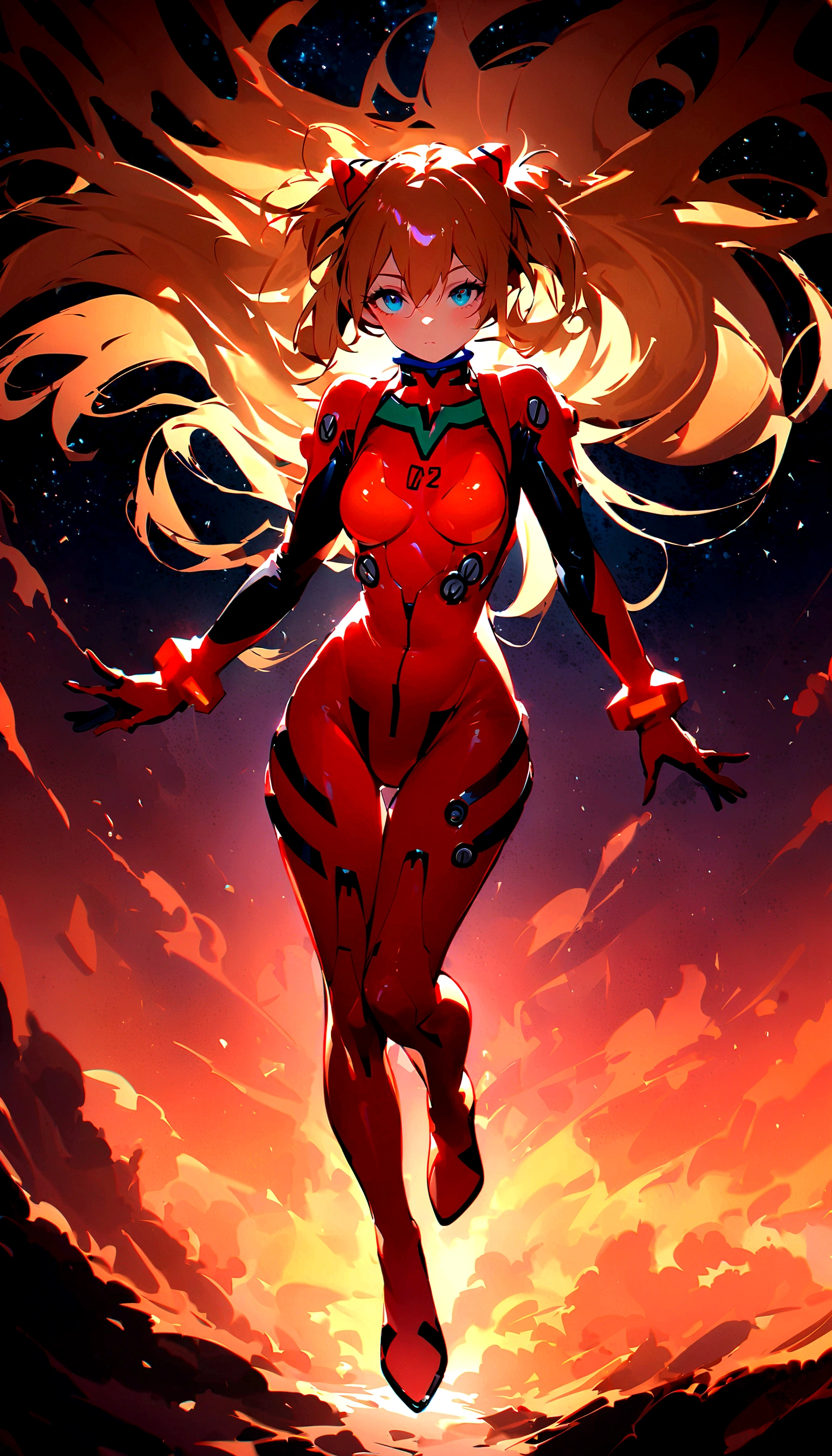 1girl, solo, looking at viewer, full body, standing, long hair, asuka cosplay costume, cosplay, plugsuit, bodysuit, hair ornament, seen from above, space, floating,Dubrec style，Transparent figure back，（Multiple Exposure：1.8）Intricate illustration in surreal art style，surreal dreamscape，