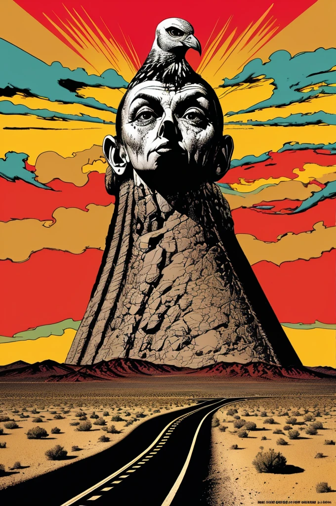 ((buzzard in the middle of a long highway, Mojave desert, desolate desert,)) by Rich Corben, by Brian Bolland, by Frazetta, Italian Fumetto art style, independent movie aesthetic, Quentin Tarantino, intricate, crisp details, poster art aesthetic, 70s album cover vibe, very vintage retro, lurid vivid colors, cinematic lighting, Technicolor, medium contrast, HD, 8x