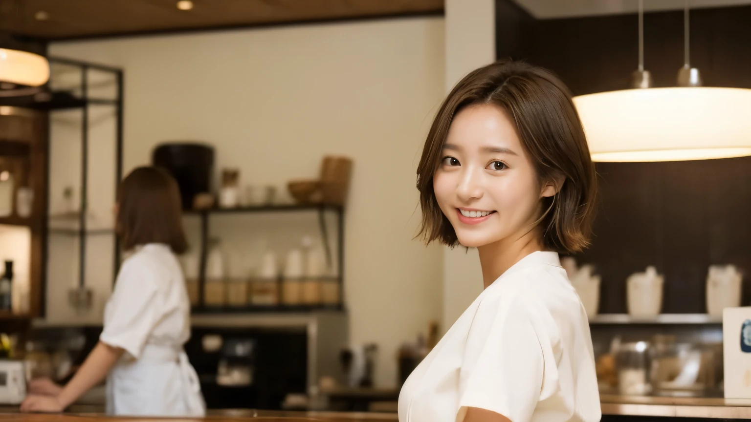 super high quality, Short Hair, Slender, Gravure photoshoot, The staff is working at the counter in the back., (8K、RAW Photos、Highest quality、masterpiece:1.2), Japanese Idol, Stylish café, The cafe is crowded with people enjoying themselves., (Realistic、Photorealistic:1.37), Bob Hair, Mesh Hair, Urban Cafe, Golden Ratio, Raw photo, Cute face , Light Brown Hair, Small breasts, Bright cafe interior, Summer clothes, Cafe Terrace, suit, Open Cafe, A kind smile, Hair blowing in the wind, Neat clothes, boyish, 18-year-old, younger sister, Stylish clothes,