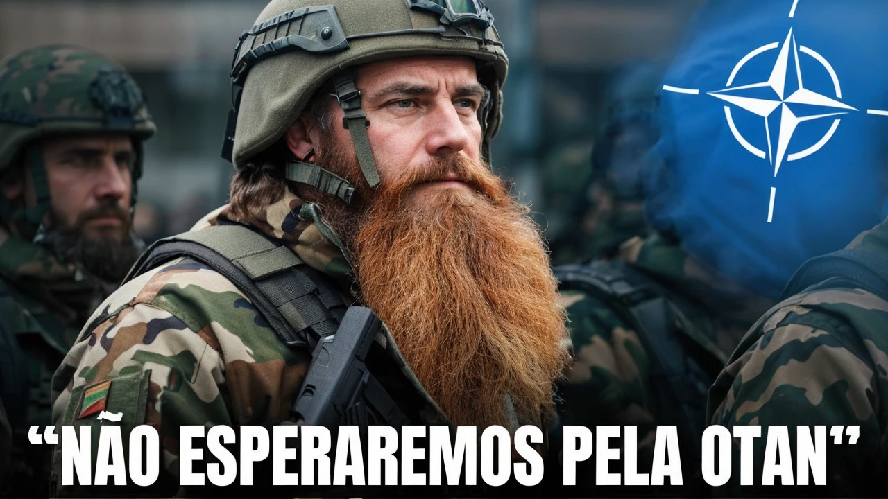 The image shows a group of individuals dressed in military attire, one of them has a long beard. The symbol of NATO (North Atlantic Treaty Organization) is visible in the background. Overlaid on image, there is a text in Portuguese that translates as “We will not wait for NATO”. This image may be relevant or interesting because of its possible political or military implications, suggesting a stance or action independent of NATO.