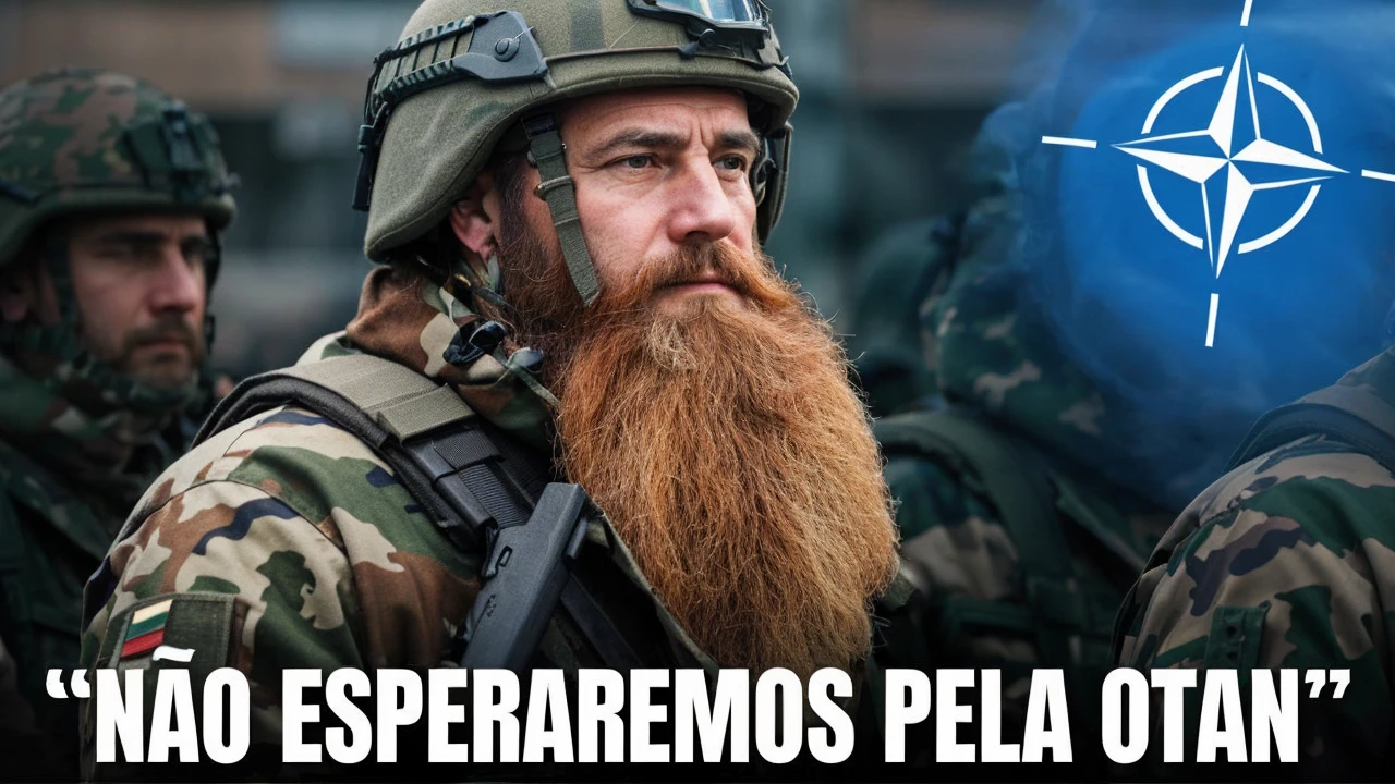 
The image shows a group of individuals dressed in military attire, one of them has a long beard. The symbol of NATO (North Atlantic Treaty Organization) is visible in the background. Overlaid on image, there is a text in Portuguese that translates as “We will not wait for NATO”. This image may be relevant or interesting because of its possible political or military implications, suggesting a stance or action independent of NATO.
