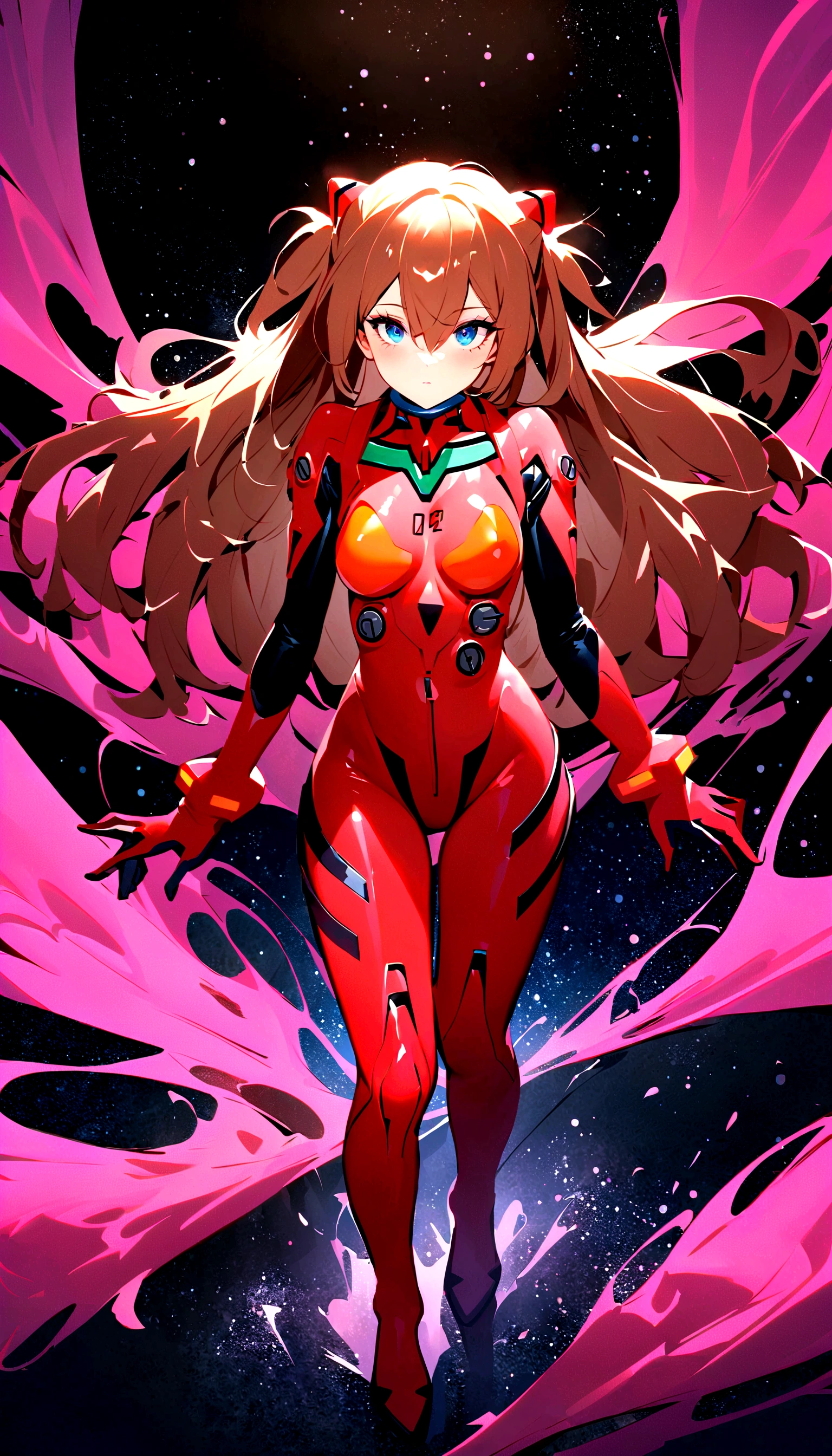 1girl, solo, looking at viewer, full body, standing, long hair, asuka cosplay costume, cosplay, plugsuit, bodysuit, hair ornament, seen from above, space, floating,Dubrec style，Transparent figure back，（Multiple Exposure：1.8）Intricate illustration in surreal art style，surreal dreamscape，