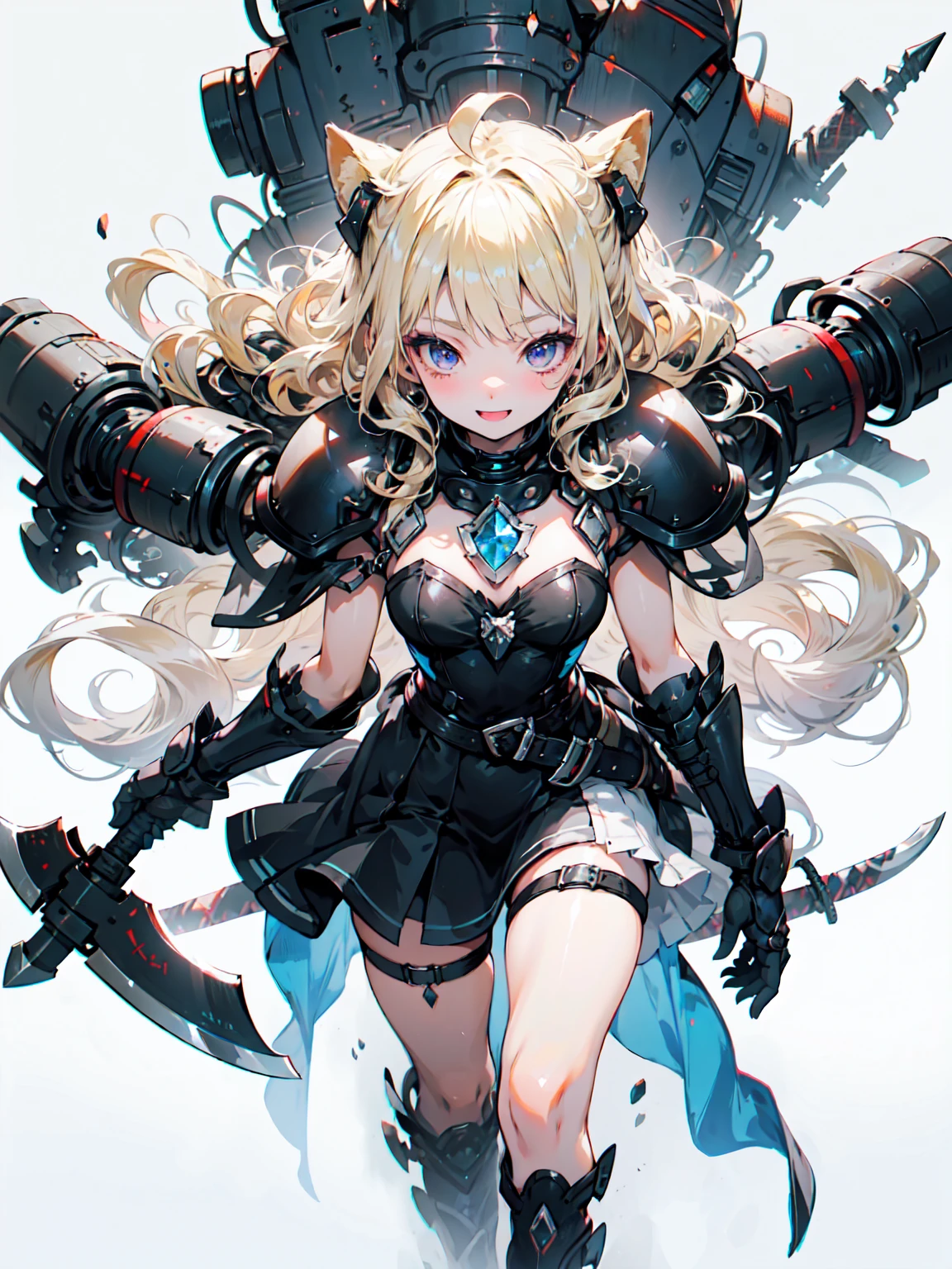 Very detailed、Highest quality、Best image quality、masterpiece、8K、Anime Face、優しいsmile、Open your mouth、Sparkling Blue Eyes、(Blonde wavy hair:1.5)、、Muscles of the whole body、camisole、Thigh belt、mini skirt、(Wearing black armor:1.5)、(Cowboy Shot:1.5)、(Instep:1.5)、Wearing a helmet、(Have a battle axe:1.5)、Blake、（Dark Elf), (1 Girl), alone, 優しいsmile、Perfect Face, Get used to it, Ahoge, ((Long Hair:1.2)), [[Messy Hair]], Shiny blonde white hair, Purple eyes, Variegated eyes, Colorful Hair, Shining Eyes, (eyelash, eye shadow, pink eye shadow), bright, smile, Design Art：haruhiko mikimoto, by Kawashi, By Yoshitaka Amano, （Dark brown skin）