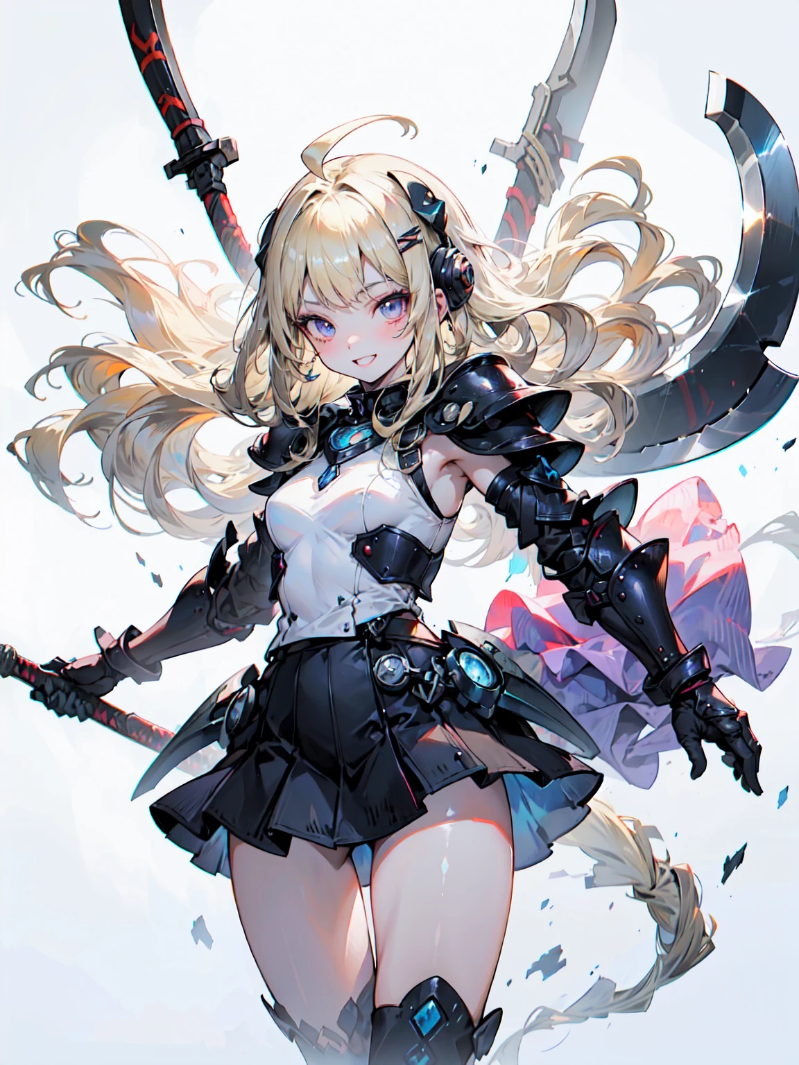 Very detailed、Highest quality、Best image quality、masterpiece、8K、Anime Face、優しいsmile、Open your mouth、Sparkling Blue Eyes、(Blonde wavy hair:1.5)、、Muscles of the whole body、camisole、Thigh belt、mini skirt、(Wearing black armor:1.5)、(Cowboy Shot:1.5)、(Instep:1.5)、Wearing a helmet、(Have a battle axe:1.5)、Blake、（Dark Elf), (1 Girl), alone, 優しいsmile、Perfect Face, Get used to it, Ahoge, ((Long Hair:1.2)), [[Messy Hair]], Shiny blonde white hair, Purple eyes, Variegated eyes, Colorful Hair, Shining Eyes, (eyelash, eye shadow, pink eye shadow), bright, smile, Design Art：haruhiko mikimoto, by Kawashi, By Yoshitaka Amano, （Dark brown skin）