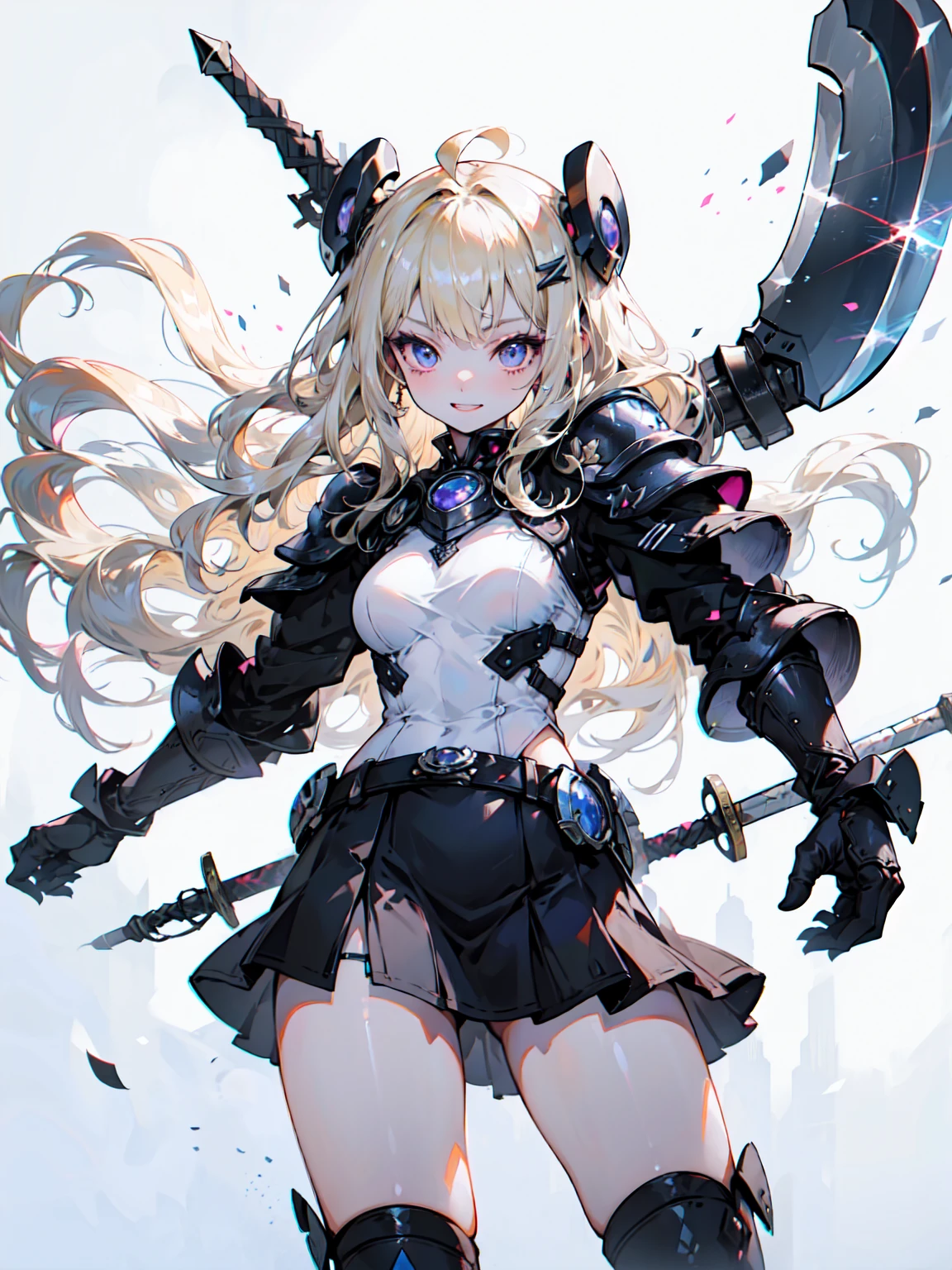 Very detailed、Highest quality、Best image quality、masterpiece、8K、Anime Face、優しいsmile、Open your mouth、Sparkling Blue Eyes、(Blonde wavy hair:1.5)、、Muscles of the whole body、camisole、Thigh belt、mini skirt、(Wearing black armor:1.5)、(Cowboy Shot:1.5)、(Instep:1.5)、Wearing a helmet、(Have a battle axe:1.5)、Blake、（Dark Elf), (1 Girl), alone, 優しいsmile、Perfect Face, Get used to it, Ahoge, ((Long Hair:1.2)), [[Messy Hair]], Shiny blonde white hair, Purple eyes, Variegated eyes, Colorful Hair, Shining Eyes, (eyelash, eye shadow, pink eye shadow), bright, smile, Design Art：haruhiko mikimoto, by Kawashi, By Yoshitaka Amano, （Dark brown skin）