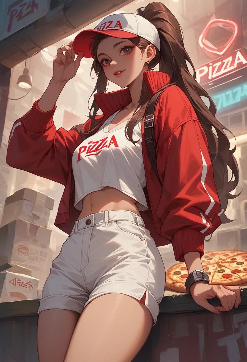 Complex、Very detailed、whole body、Brown medium-long hair、Wear a red and white baseball cap、Wear a red and white cropped jumper、Wearing a white tank top、Wear white shorts、Wear brown short boots、Leaning on a neon sign that says "Pizza"、Female Android