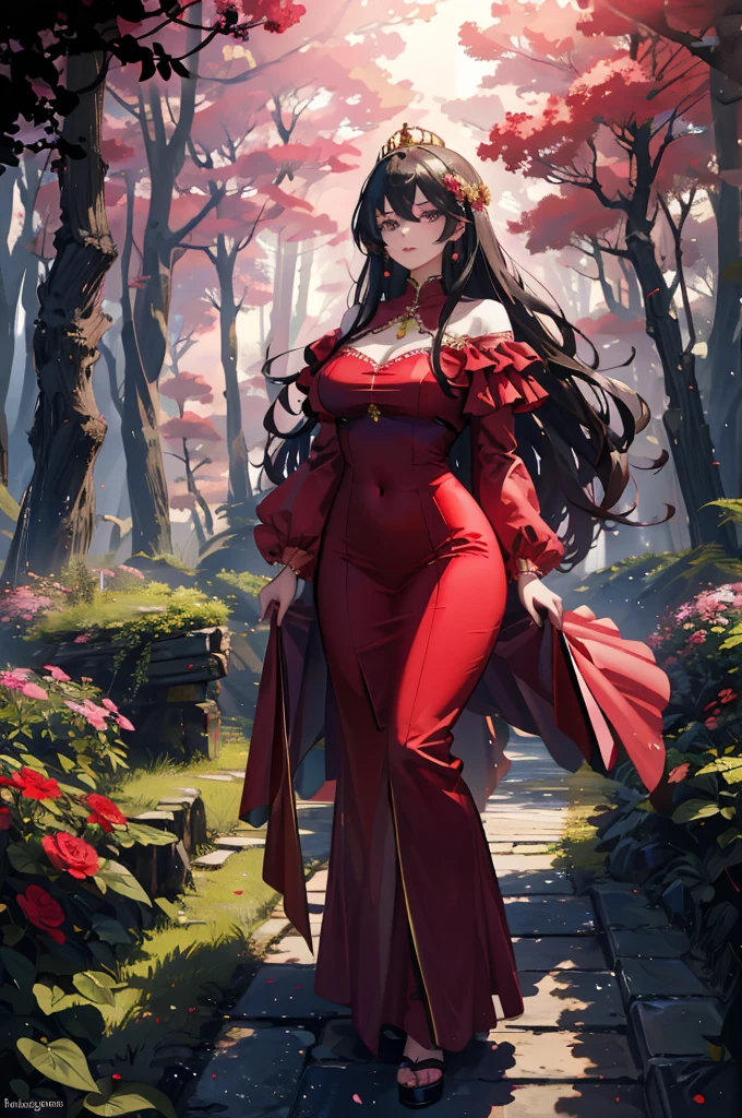(very delicate, Masterpiece, Excellent lighting and shadows, HD wallpaper 8K), woman, 22 years old, princess, black hair, red, straight hair, Floor-length, ดวงตาสีred, big round, plump lips, Pink cheeks, big breasts, wide hips, ชุดสีred, evening dress, golden crown, Handing flowers to the audience, In the middle of the forest, Fuji tree