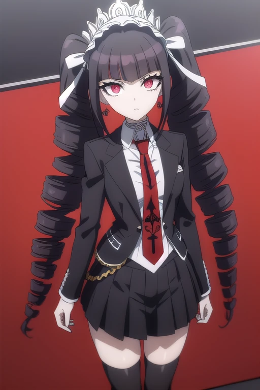 masterpiece,High resolution,8K,Detailed anatomy (****************,Danganronpa,Celestia Ludenberg,celestia ludenberg,Black Hair Twin Drill,Red Eyes,Narrow eyes,beautiful eyelashes,Three white eyes,slender）（Earrings,Red tie,Printed necktie,Black Skirt,Black Jacket,bonnet）front,Standing posture,Clasp your hands in front of you,View your viewers