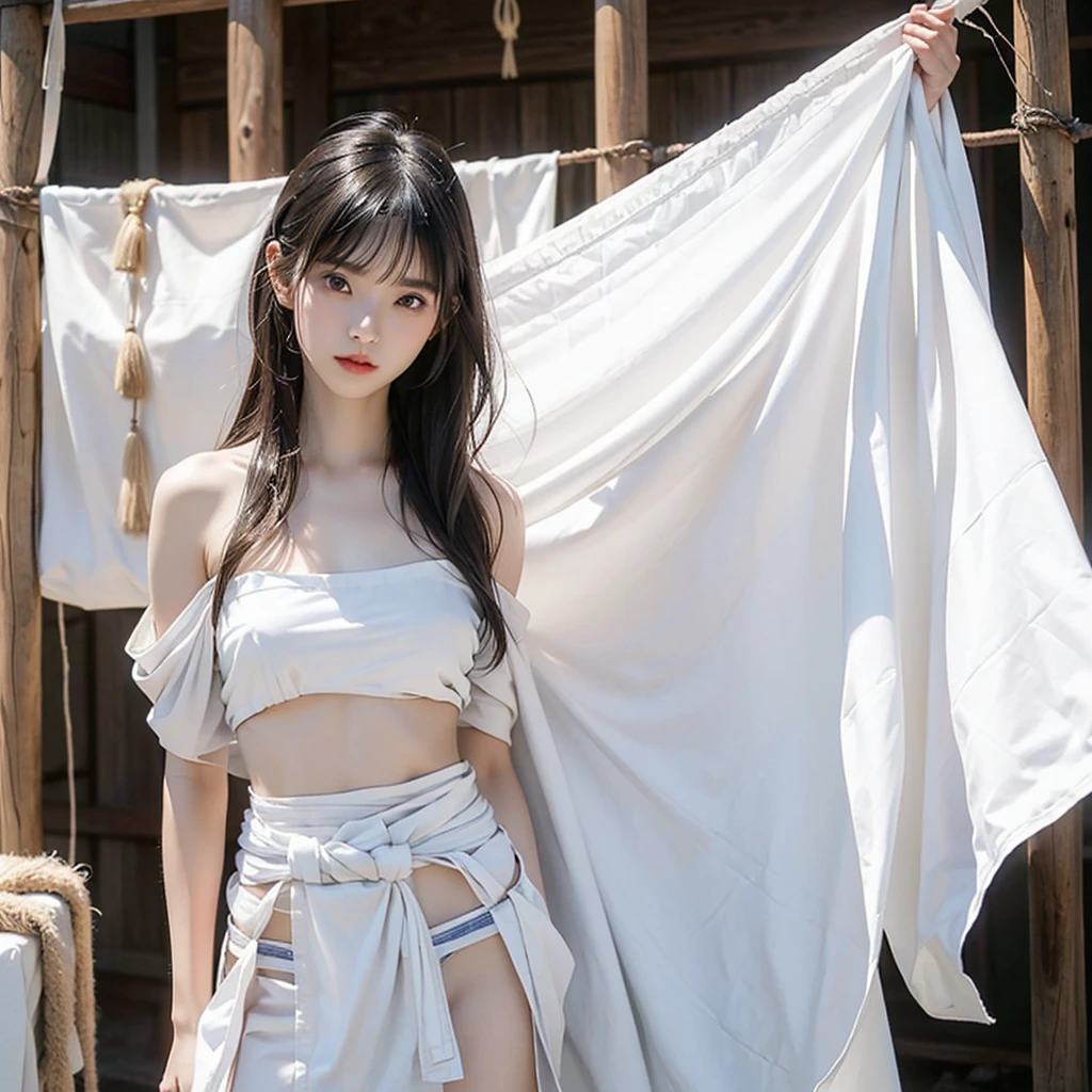 日本people、1people、The most beautiful woman、clear、Shiny black hair、Photo Style、length, bangs、light makeup、Standard face、(((Wearing a white Etchu loincloth)))、((Light clothing:0.5))、(She is hiding her breasts by wrapping a cloth around her chest.)、Summer festival、(((Showing off your loincloth))), (((The lower half of the body is covered only with a loincloth))), Sacrificial Ritual、32k, Raw photo、Highest quality、Full body image