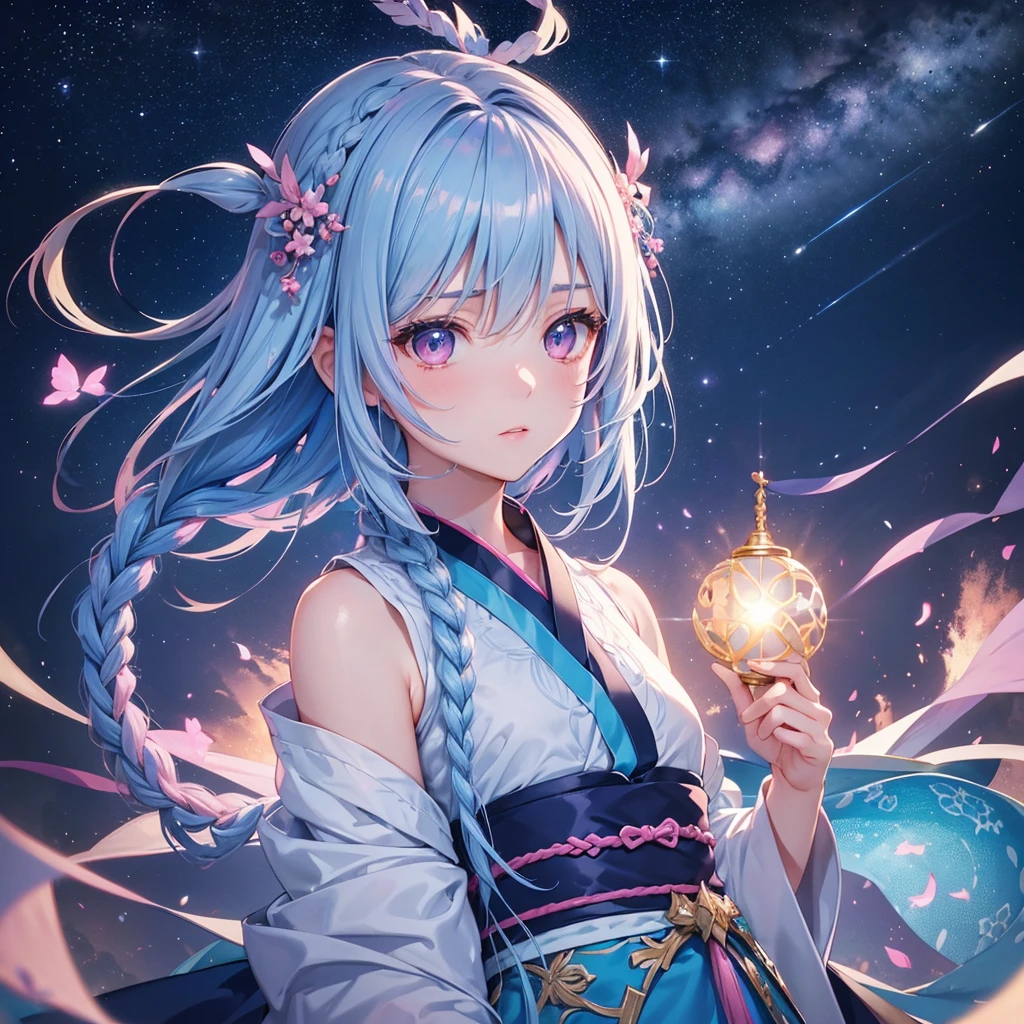 Sky blue hair,braid,(Pink Eyes),Fair skin ,(whole body),(One girl),Hanfu,Tanabata,(The beautiful, sparkling Milky Way in the night sky),Lonely Eyes,,(masterpiece, Highest quality, Very detailed, Best Shadow), (Detailed Background), (Beautifully detailed face), High Contrast, (Best lighting, Very delicate and beautiful), ((Cinematic Light)), colorful, Hyper Detail, Dramatic Light, Intricate details,