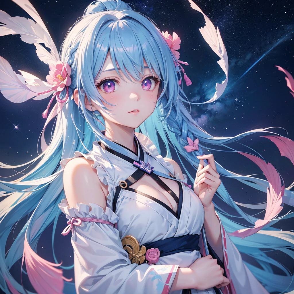 Sky blue hair,braid,(Pink Eyes),Fair skin ,(whole body),(One girl),Hanfu,Tanabata,(The beautiful, sparkling Milky Way in the night sky),Lonely Eyes,,(masterpiece, Highest quality, Very detailed, Best Shadow), (Detailed Background), (Beautifully detailed face), High Contrast, (Best lighting, Very delicate and beautiful), ((Cinematic Light)), colorful, Hyper Detail, Dramatic Light, Intricate details,