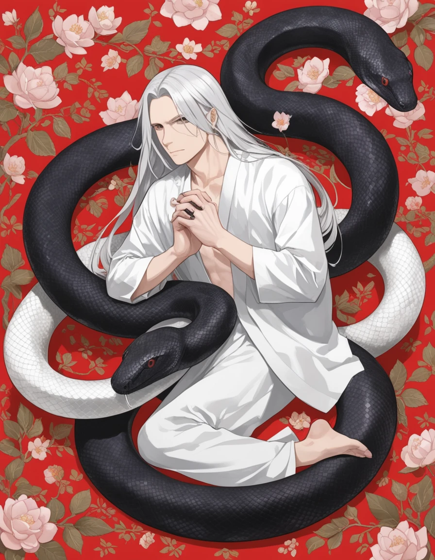 Long hair man，White snake and black snake coiled around