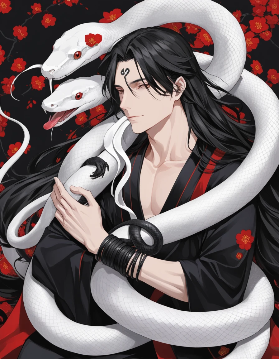 Long hair man，White snake and black snake coiled around