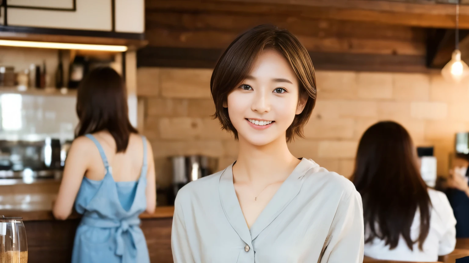 super high quality, Short Hair, Slender, Gravure photoshoot, The staff is working at the counter in the back., (8K、RAW Photos、Highest quality、masterpiece:1.2), Japanese Idol, Stylish café, The cafe is crowded with people enjoying themselves., (Realistic、Photorealistic:1.37), Bob Hair, Mesh Hair, Urban Cafe, Golden Ratio, Raw photo, Cute face , Light Brown Hair, Small breasts, Bright cafe interior, Summer clothes, Cafe Terrace, suit, Open Cafe, A kind smile, Hair blowing in the wind, Neat clothes, boyish, 18-year-old, younger sister, Stylish clothes,